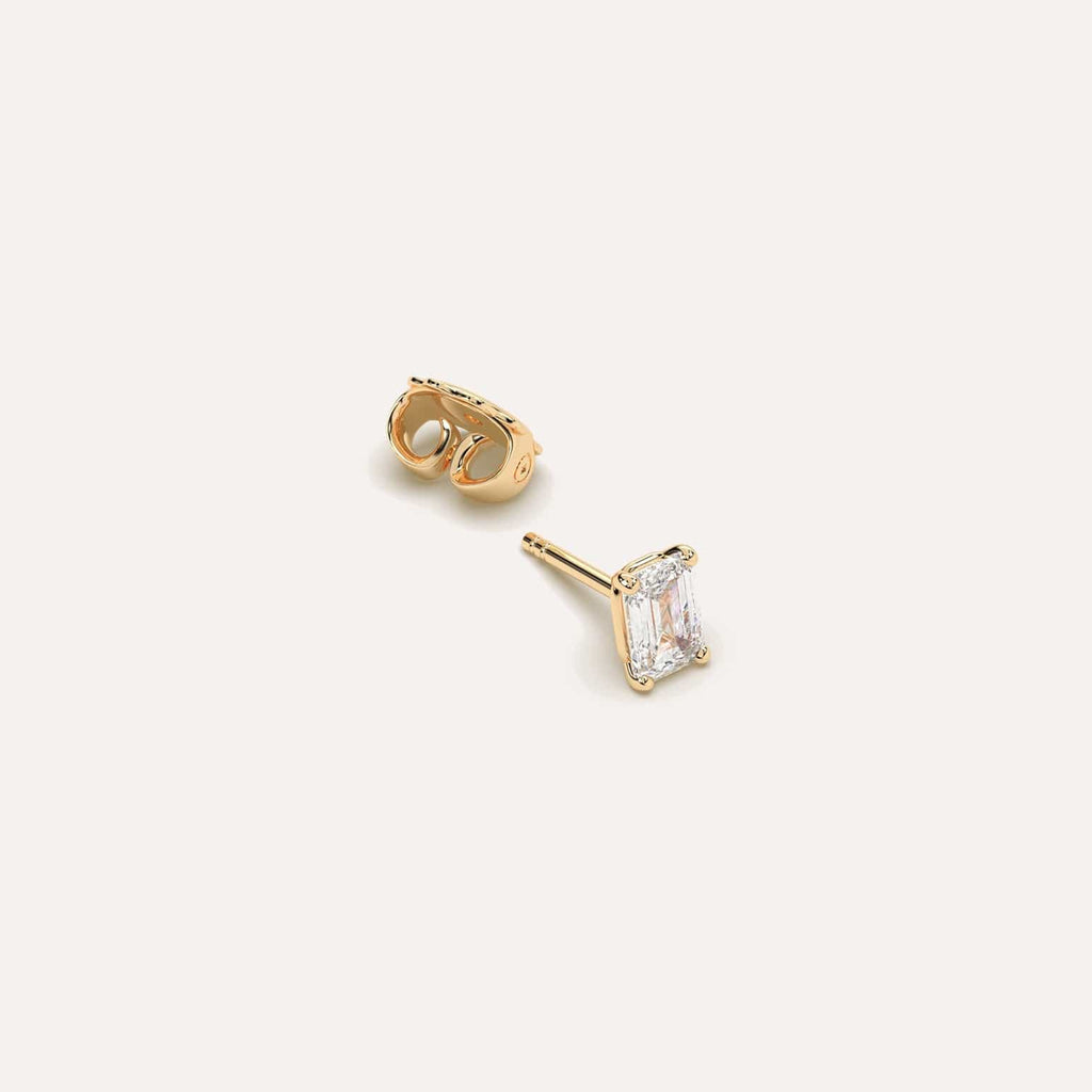 1/2 carat Single Emerald Diamond Stud Earring, Natural Diamonds Yellow Gold