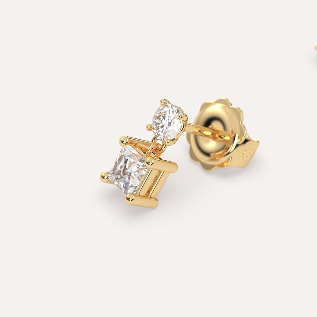 1/2 carat Princess Lab Diamond Drop Earrings in Yellow Gold