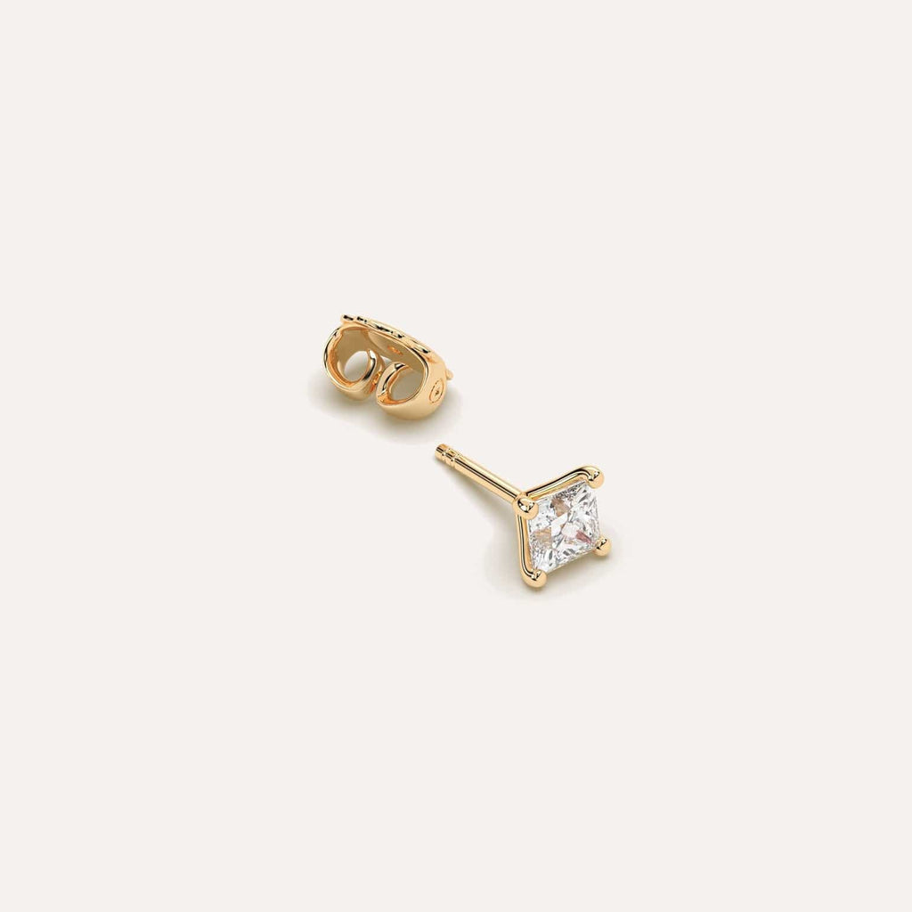 1/2 carat Single Princess Diamond Stud Earring, Lab Diamonds Yellow Gold