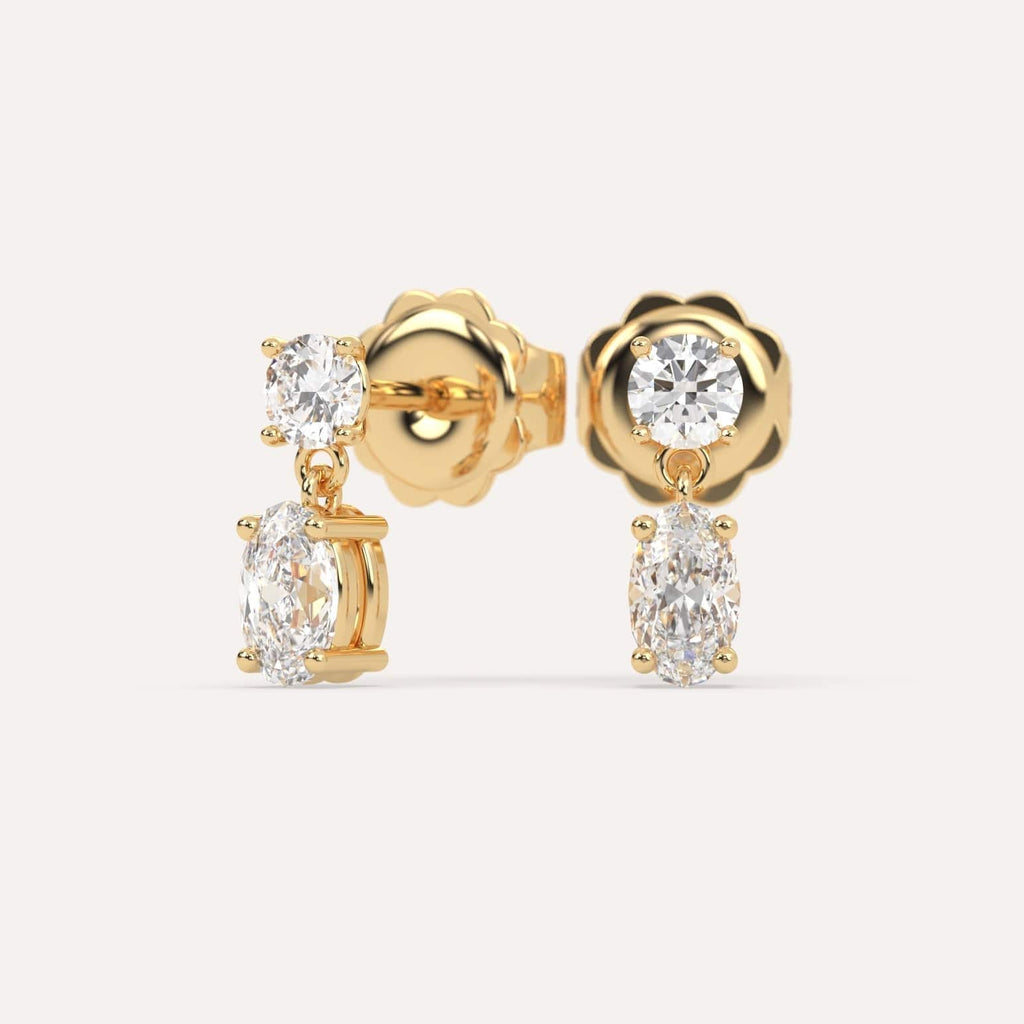 1 carat Oval Natural Diamond Drop Earrings in Yellow Gold