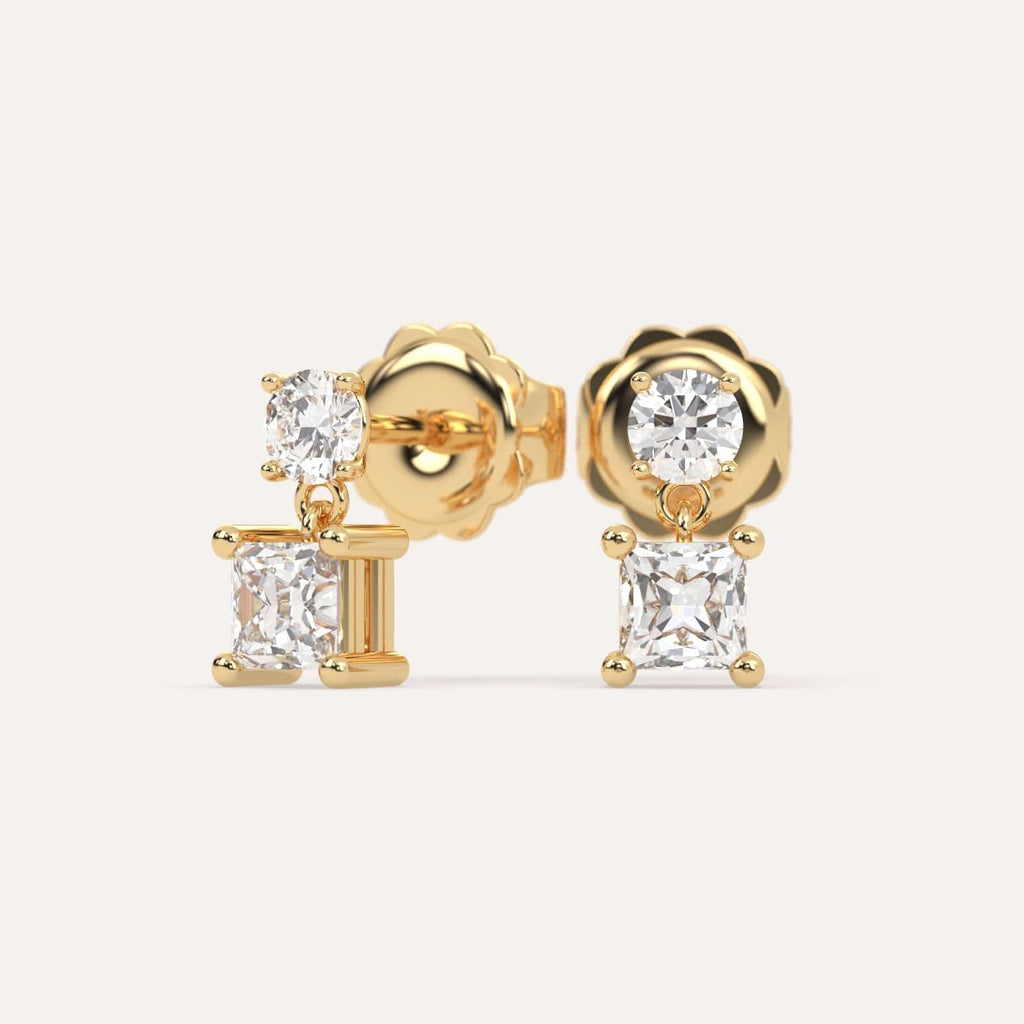 1 carat Princess Natural Diamond Drop Earrings in Yellow Gold