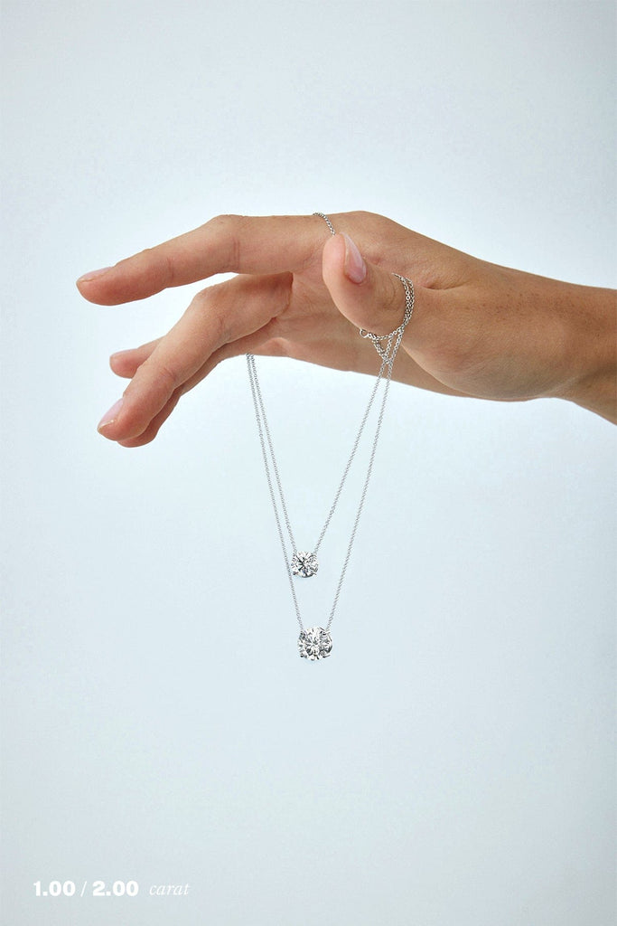 Round Floating Diamond Necklace on Model in 14K White Gold