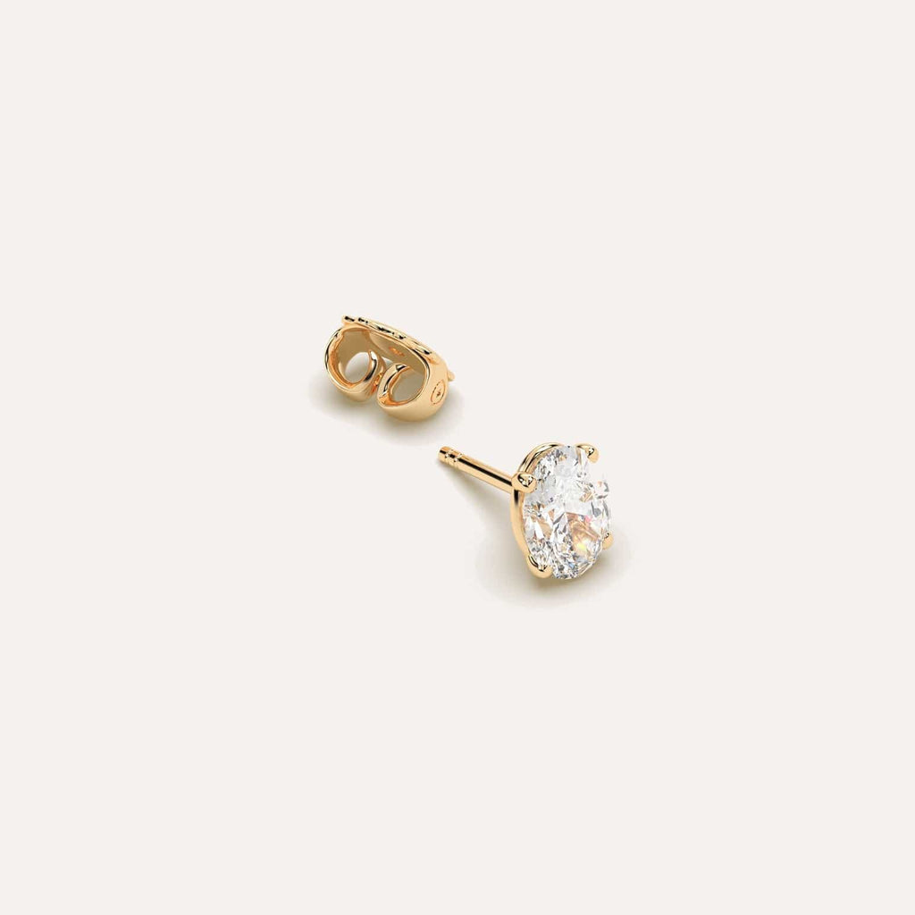 1 carat Single Oval Diamond Stud Earring, Natural Diamonds Yellow Gold