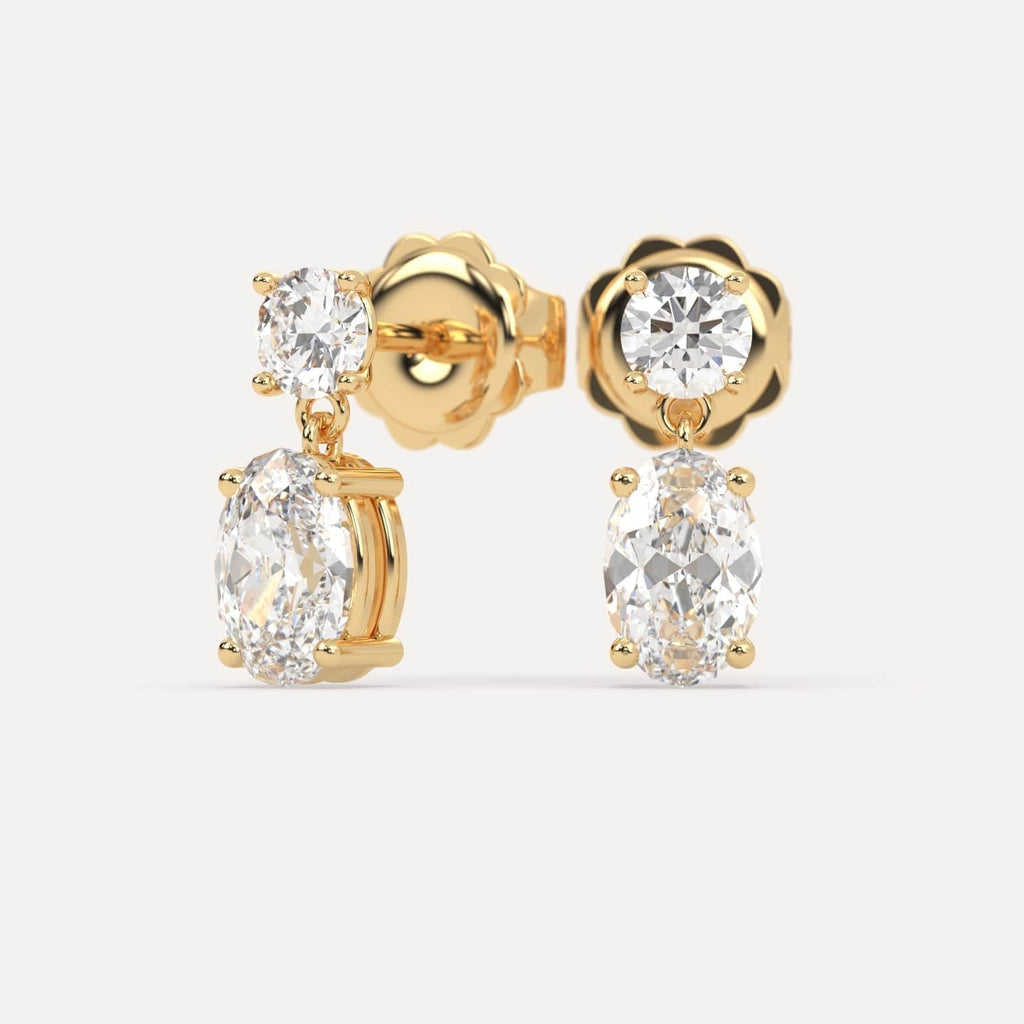 2 carat Oval Lab Diamond Drop Earrings in Yellow Gold