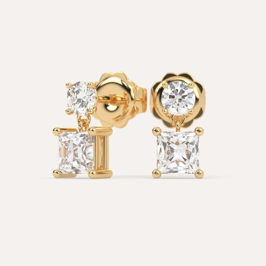 2 carat Princess Lab Diamond Drop Earrings in Yellow Gold