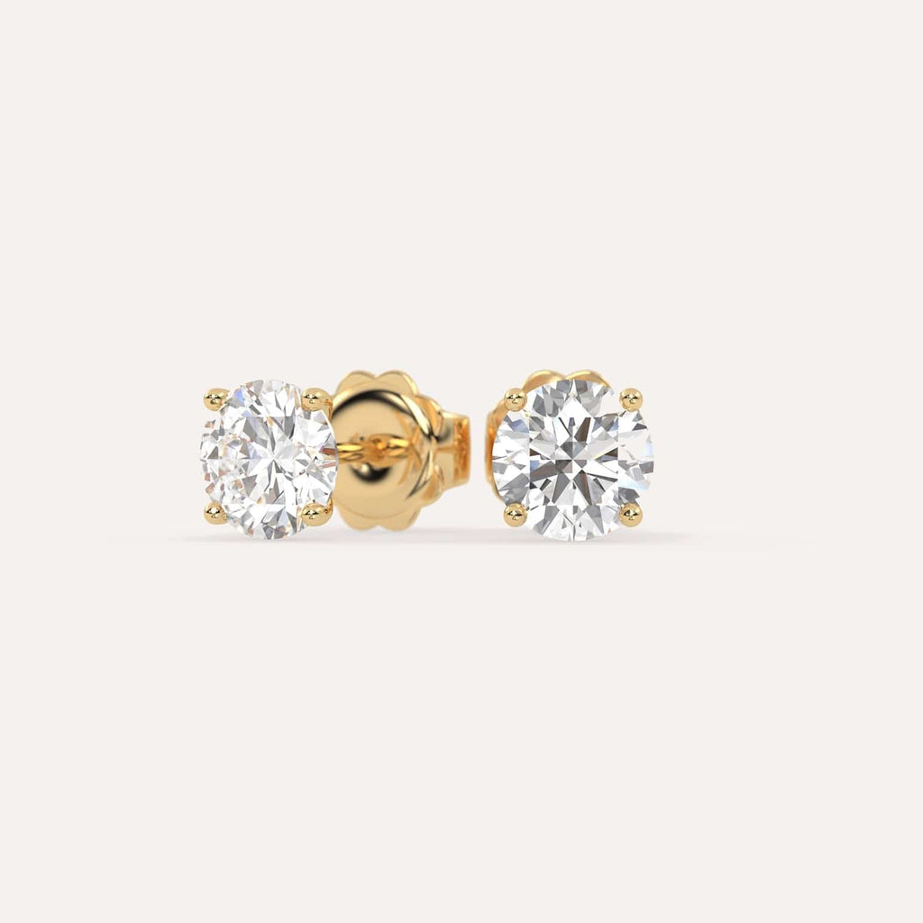 2 carat Round Diamond Stud Earrings, Natural Diamonds Yellow Gold