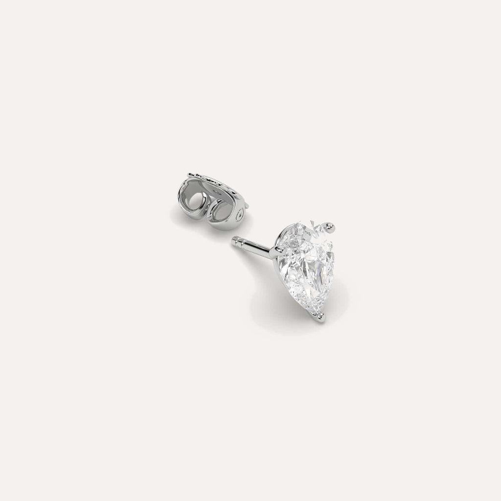 2 carat Single Pear Diamond Stud Earring, Natural Diamonds White Gold