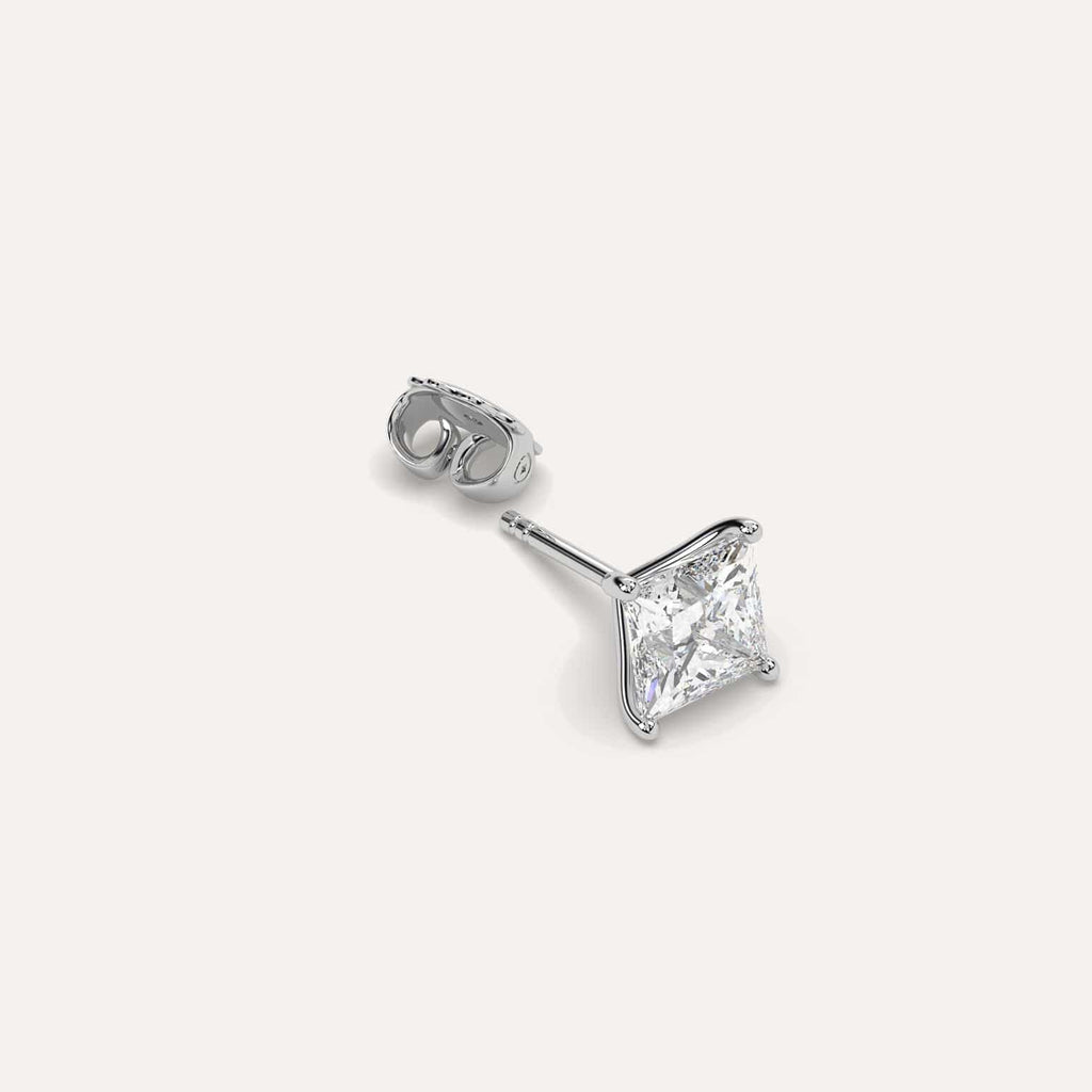 2 carat Single Princess Diamond Stud Earring, Natural Diamonds White Gold