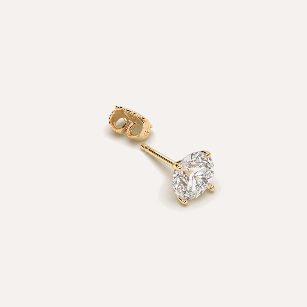 2 carat Single Round Diamond Stud Earring, Natural Diamonds Yellow Gold