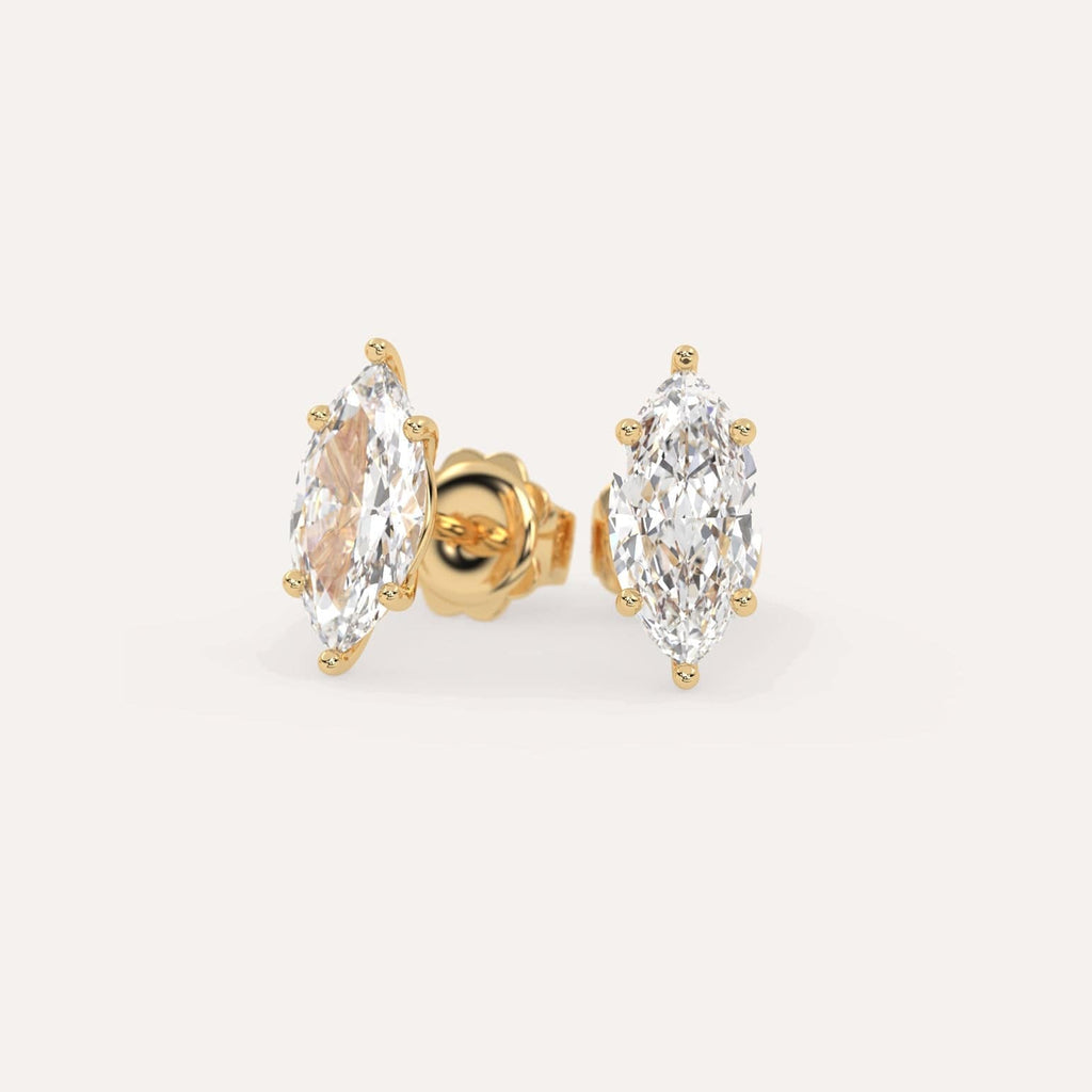 3 carat Marquise Diamond Stud Earrings, Natural Diamonds Yellow Gold
