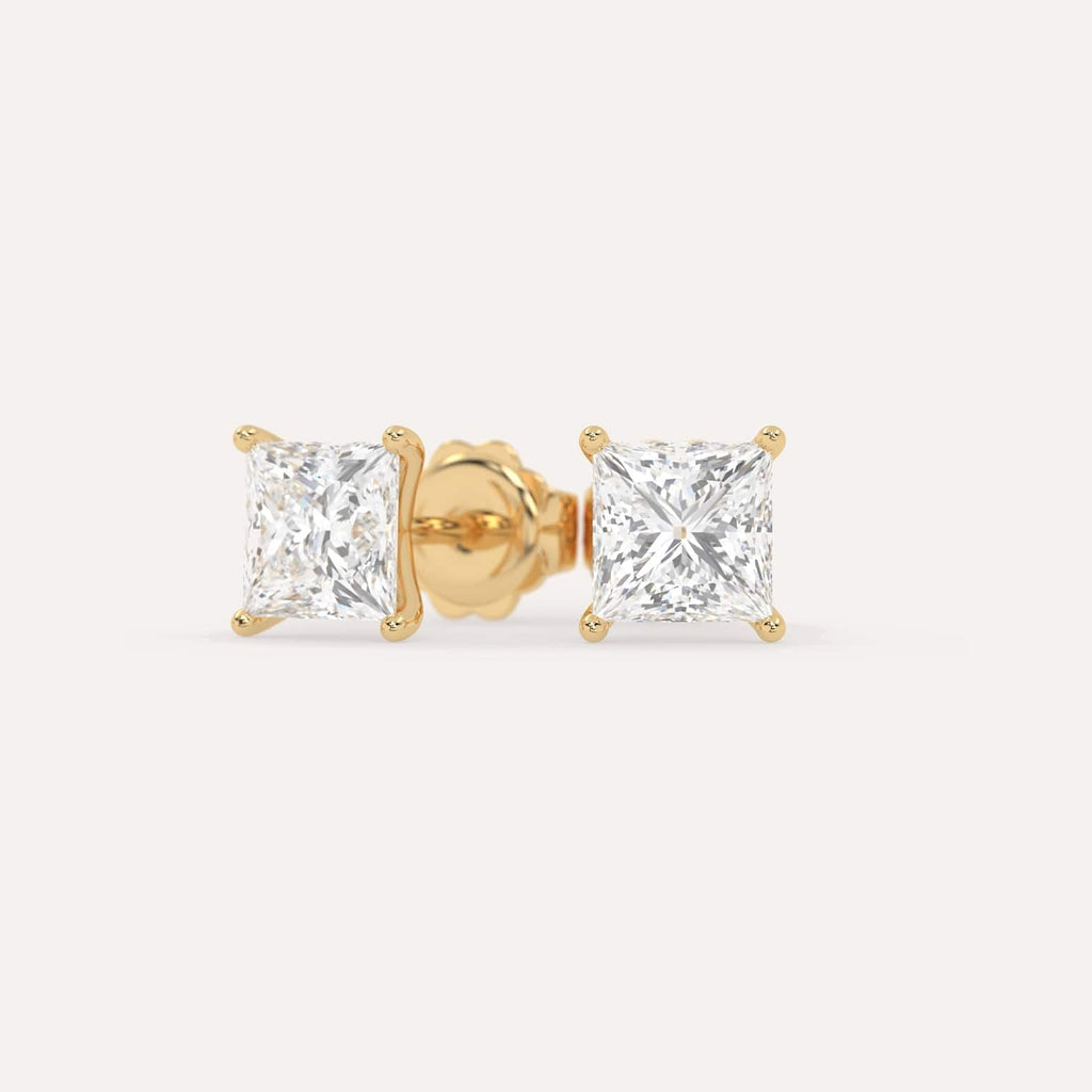 3 carat Princess Diamond Stud Earrings, Natural Diamonds Yellow Gold