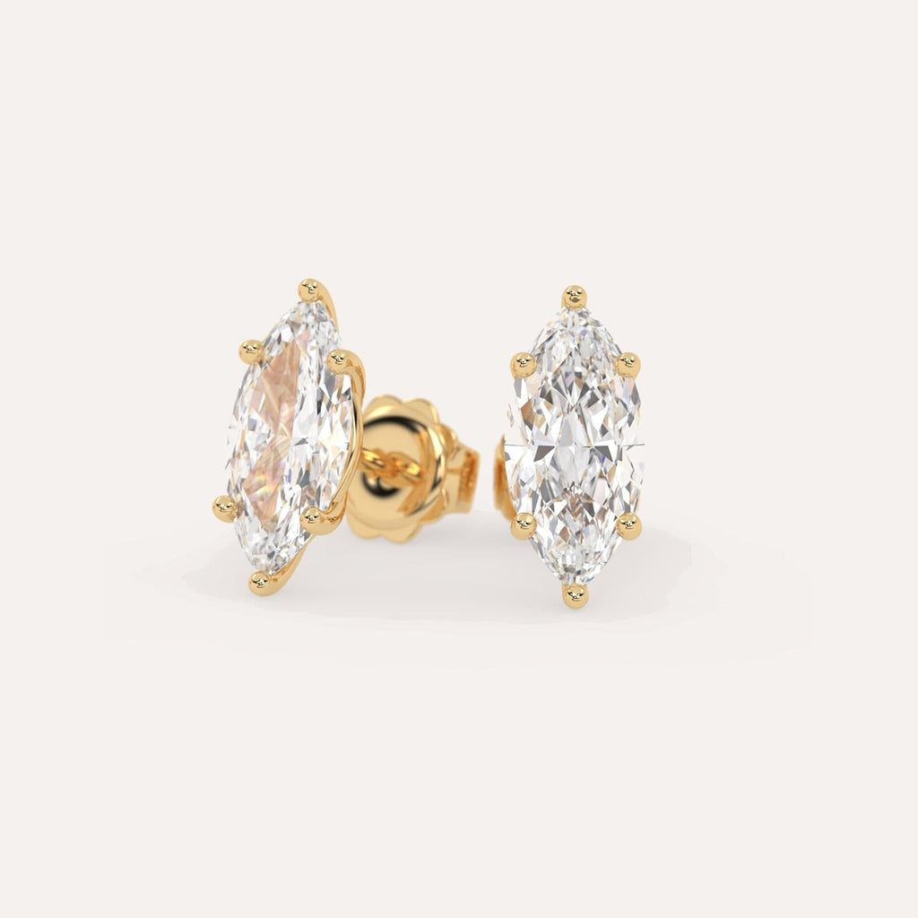 4 carat Marquise Diamond Stud Earrings, Natural Diamonds Yellow Gold