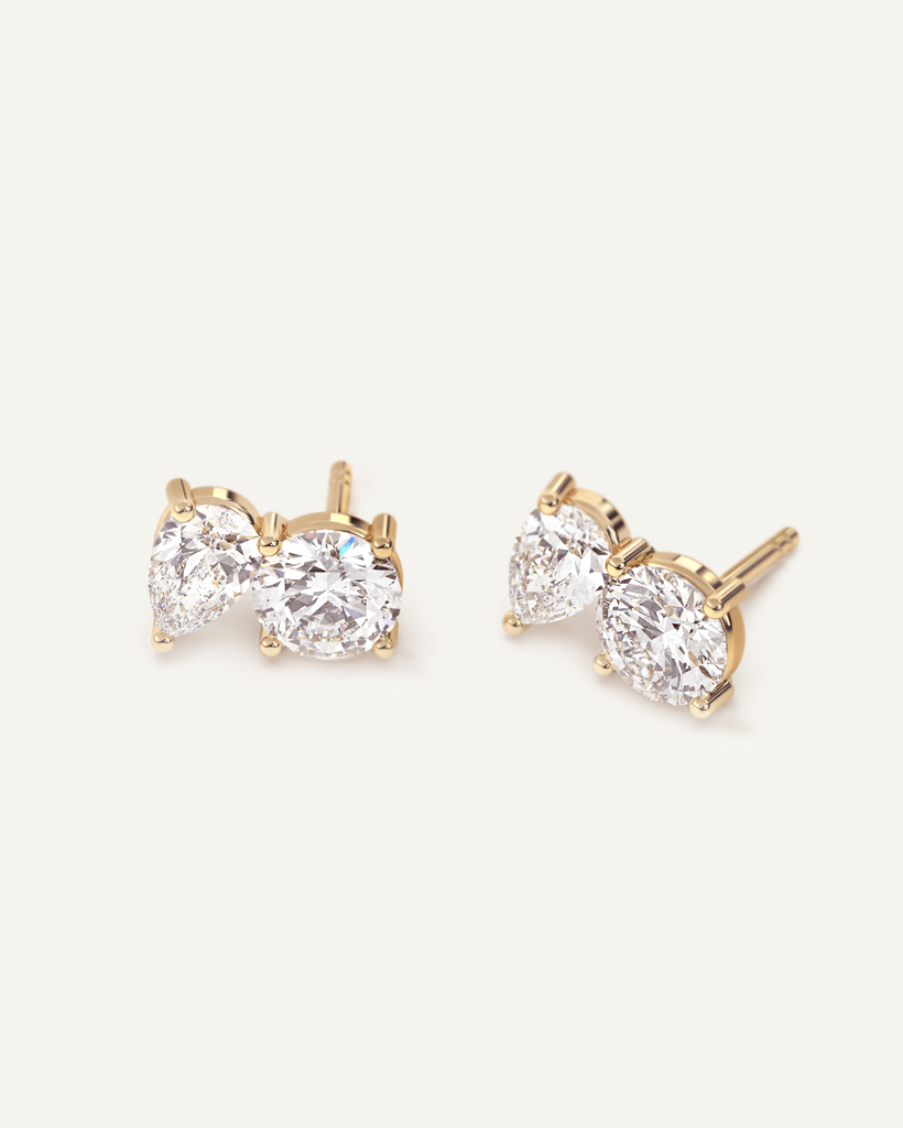 Toi Et Moi Round and Pear Yellow Gold Diamond Stud Earrings