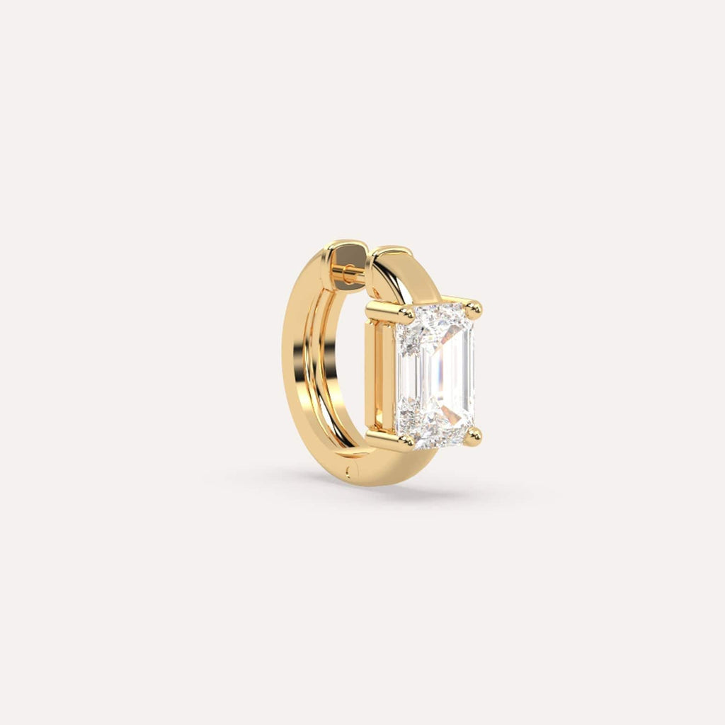 1 1/2 carat Single Emerald Diamond Hoop Earring, Natural Yellow Gold