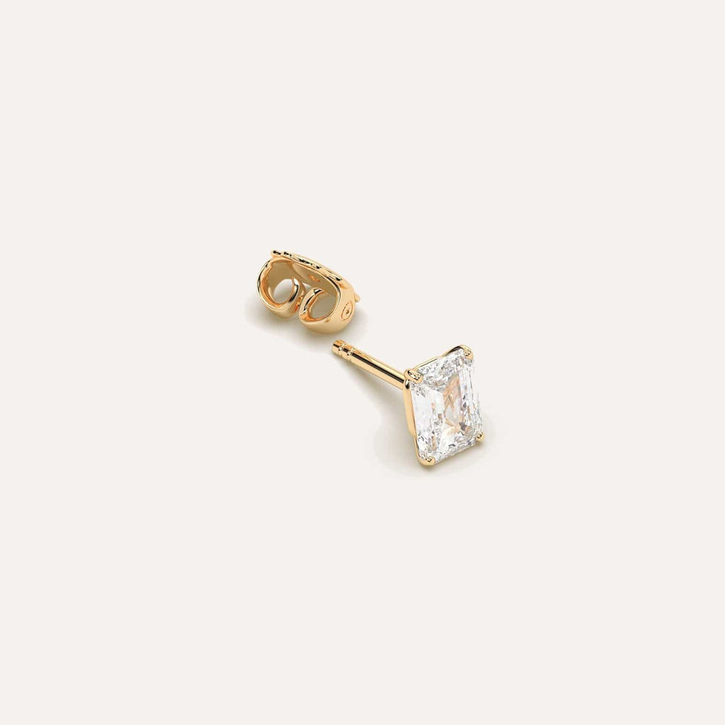1 1/2 carat Single Emerald Diamond Stud Earring, Natural Diamonds Yellow Gold