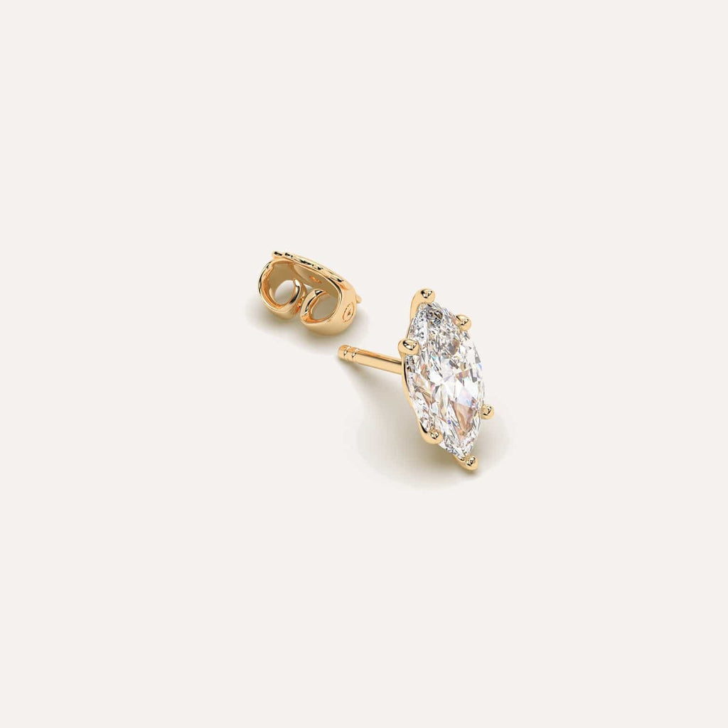 1 1/2 carat Single Marquise Diamond Stud Earring, Natural Diamonds Yellow Gold
