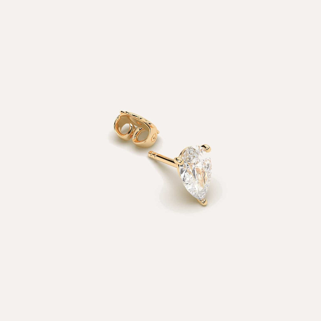 1 1/2 carat Single Pear Diamond Stud Earring, Natural Diamonds Yellow Gold
