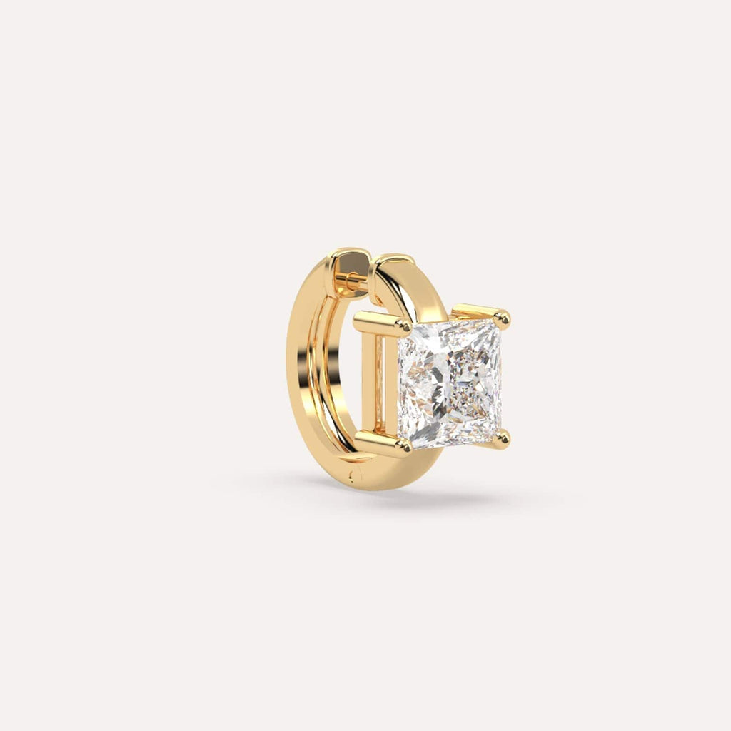 1 1/2 carat Single Princess Diamond Hoop Earring, Natural Yellow Gold