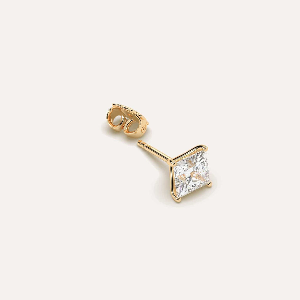 1 1/2 carat Single Princess Diamond Stud Earring, Natural Diamonds Yellow Gold