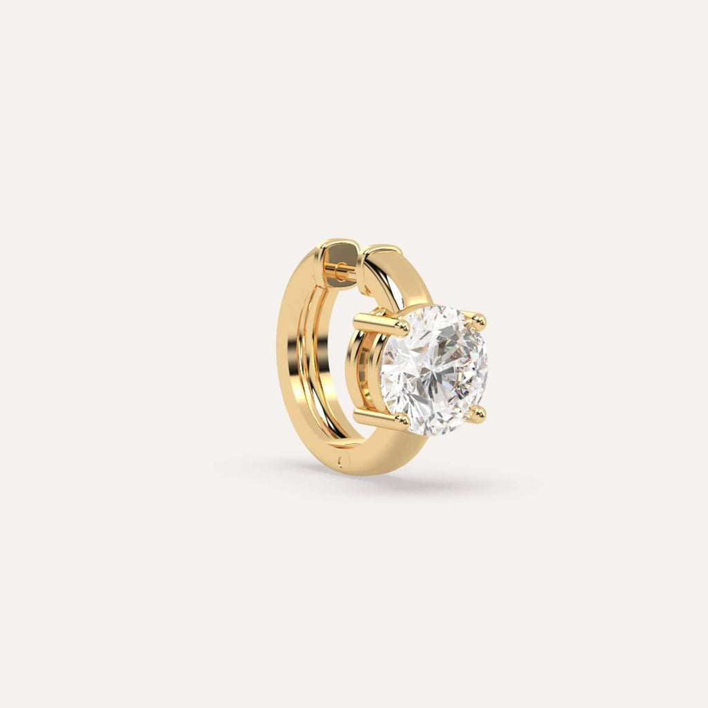 1 1/2 carat Single Round Diamond Hoop Earring, Natural Yellow Gold