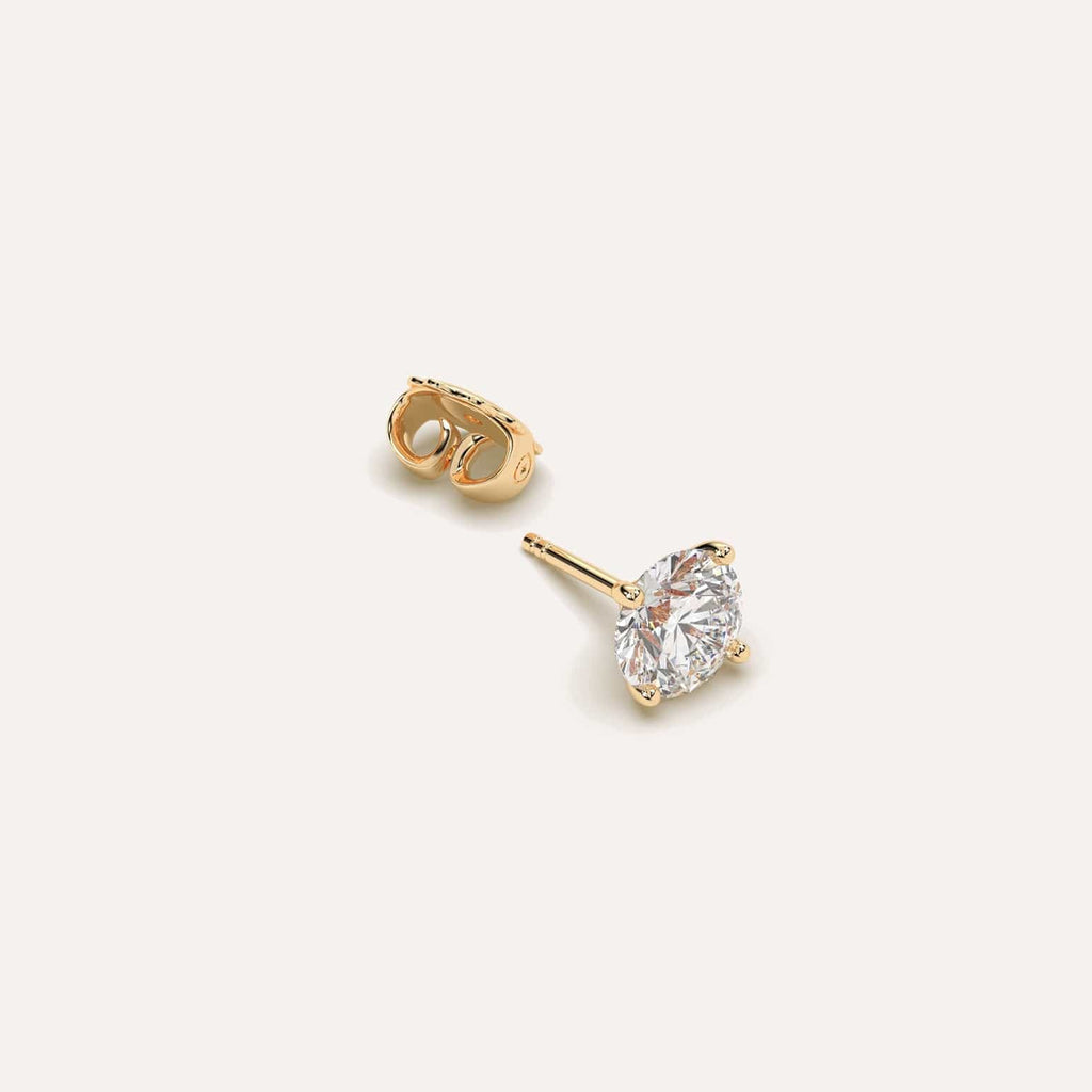 1 1/2 carat Single Round Diamond Stud Earring, Natural Diamonds Yellow Gold
