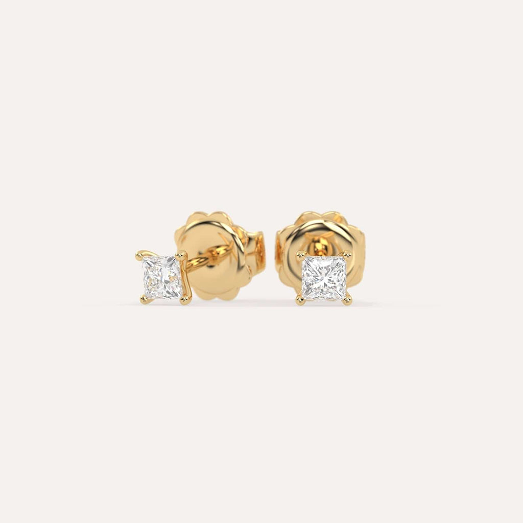 1/2 carat Princess Diamond Stud Earrings, Natural Diamonds Yellow Gold