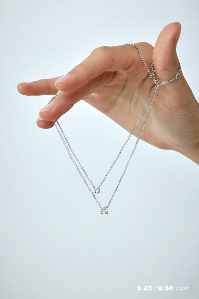 Round Floating Diamond Necklace on Model in 14K White Gold