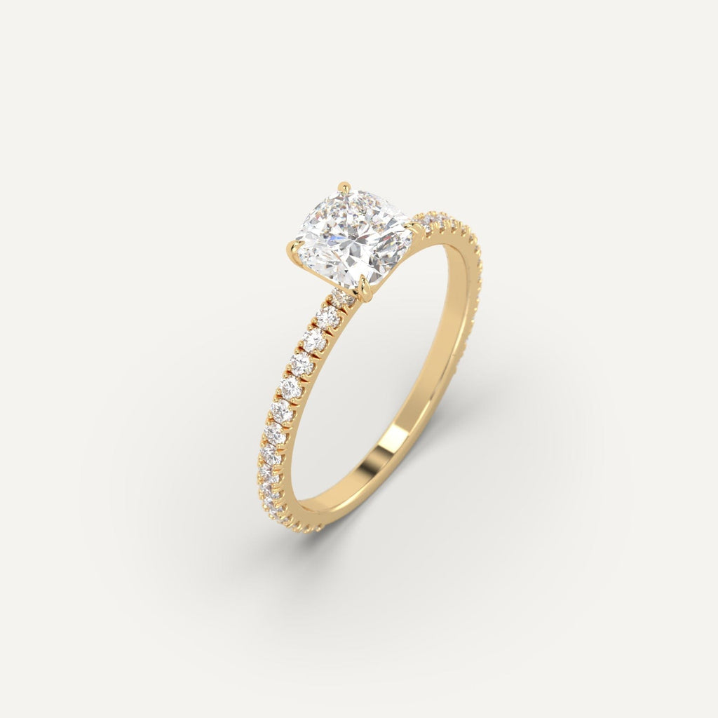 1 Carat Engagement Ring Cushion Cut Diamond In 14K Yellow Gold