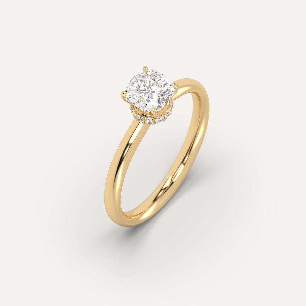 1 Carat Engagement Ring Cushion Cut Diamond In 14K Yellow Gold