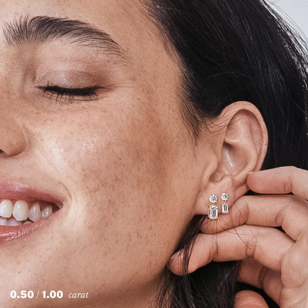 14K Yellow Gold Emerald Diamond Drop Earrings On Ear Model