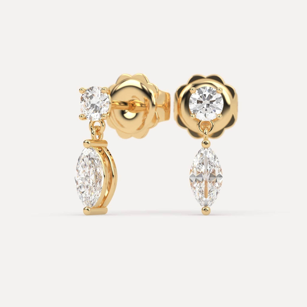 1 carat Marquise Natural Diamond Drop Earrings in Yellow Gold
