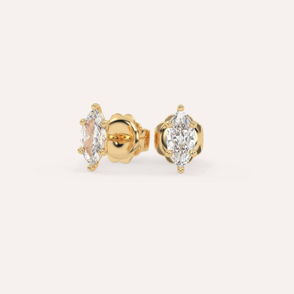 1 carat Marquise Diamond Stud Earrings, Natural Diamonds Yellow Gold