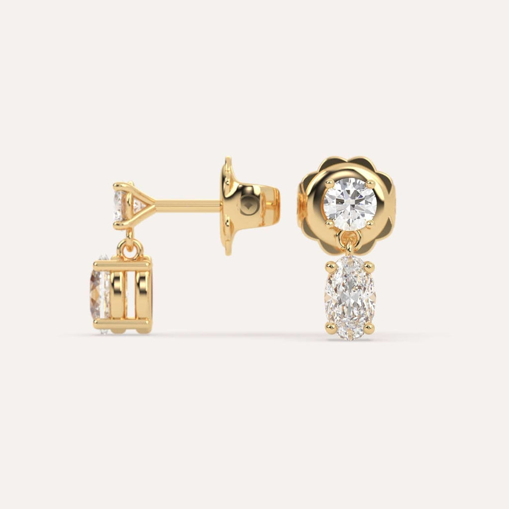 1 carat oval Diamond Dangle Drop Earrings in yellow Gold