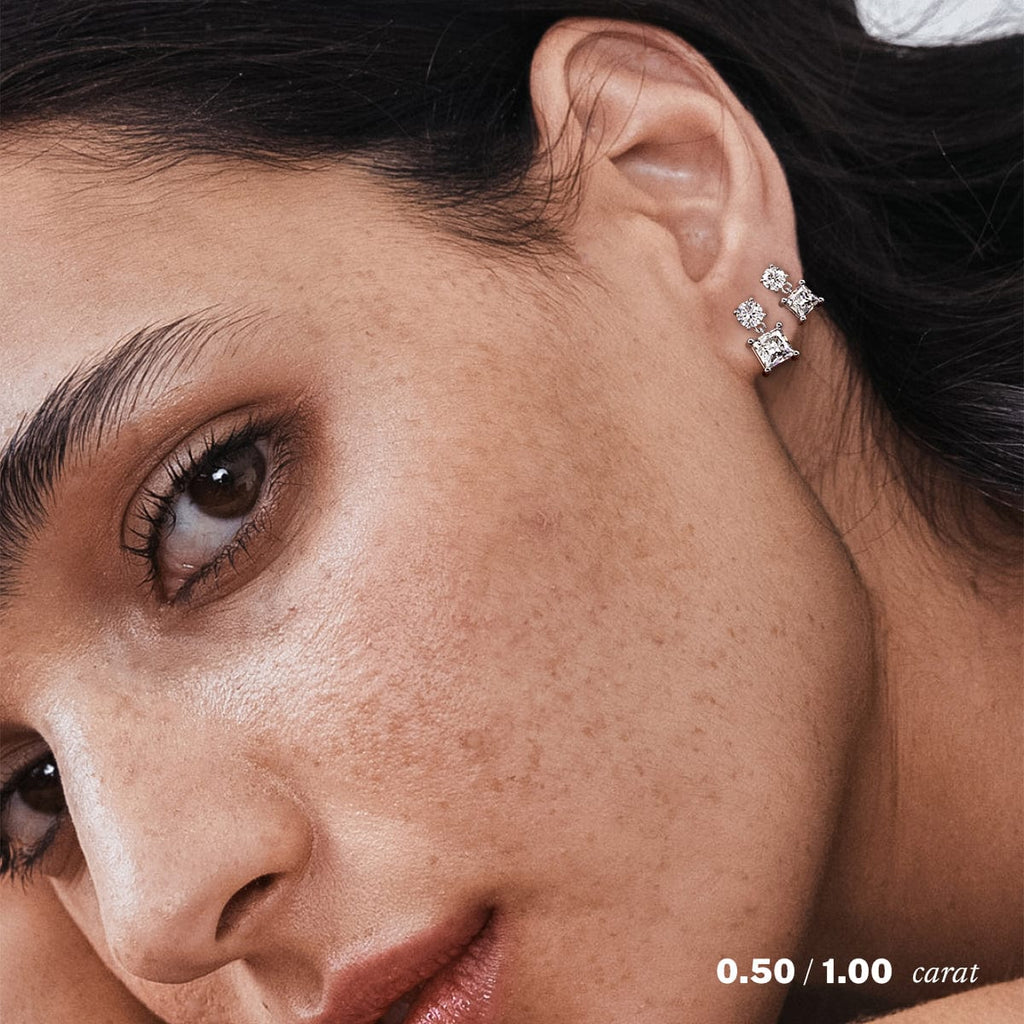 14K White Gold Princess Diamond Drop Earrings On Ear Model