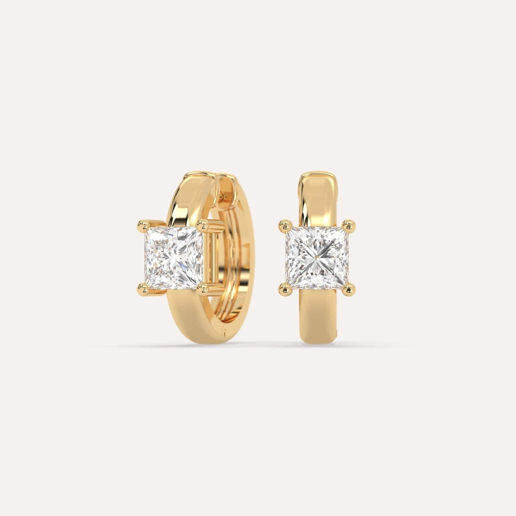 1 carat Princess Lab Diamond Hoop Earrings in Yellow Gold