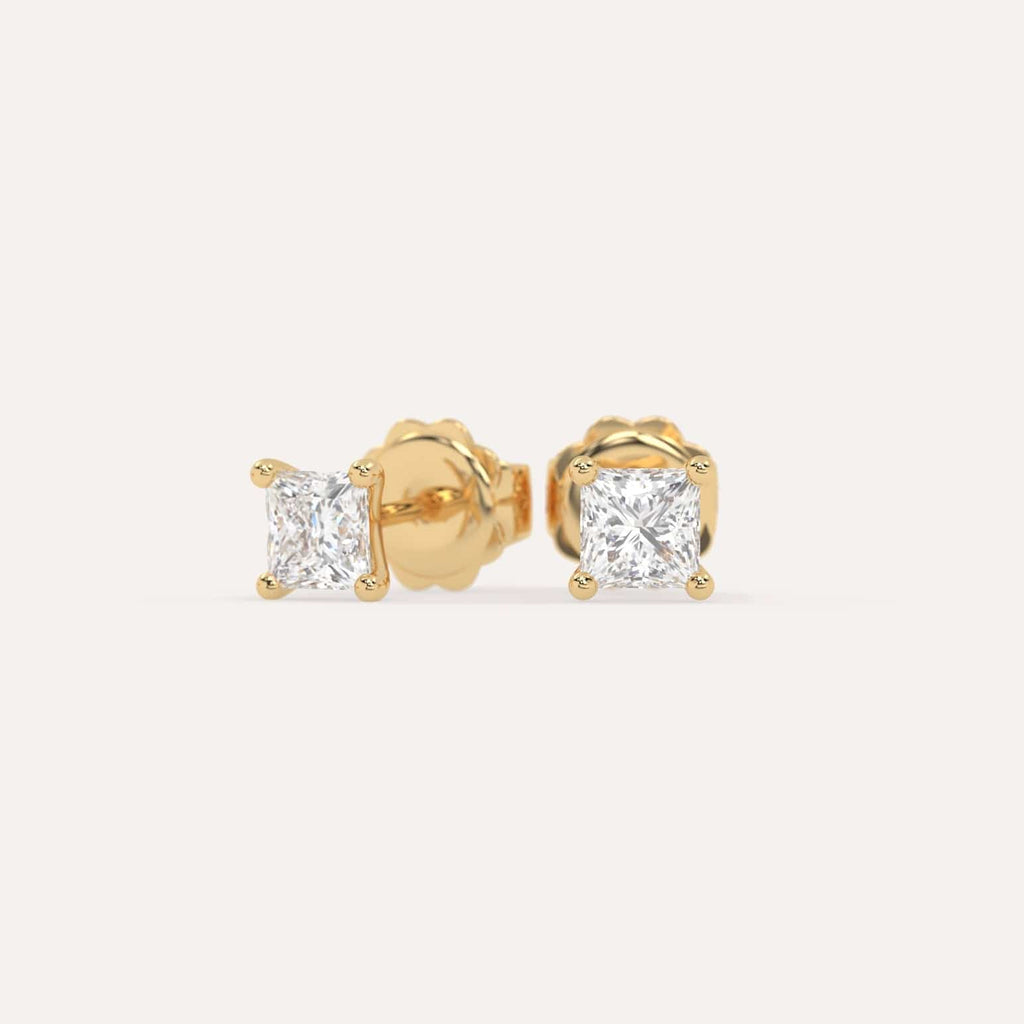 1 carat Princess Diamond Stud Earrings, Lab Diamonds Yellow Gold