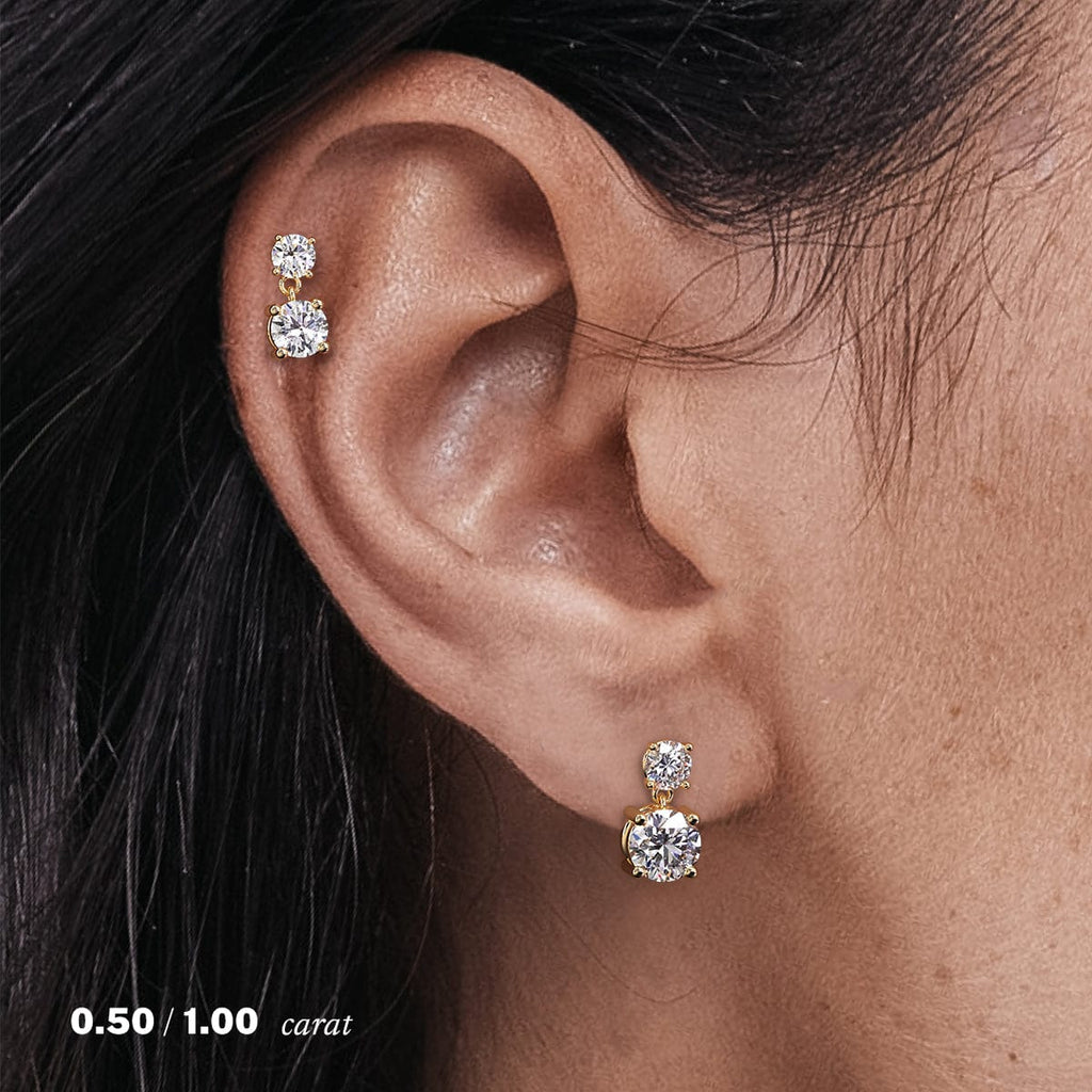 14K Yellow Gold Round Diamond Drop Earrings On Ear Model