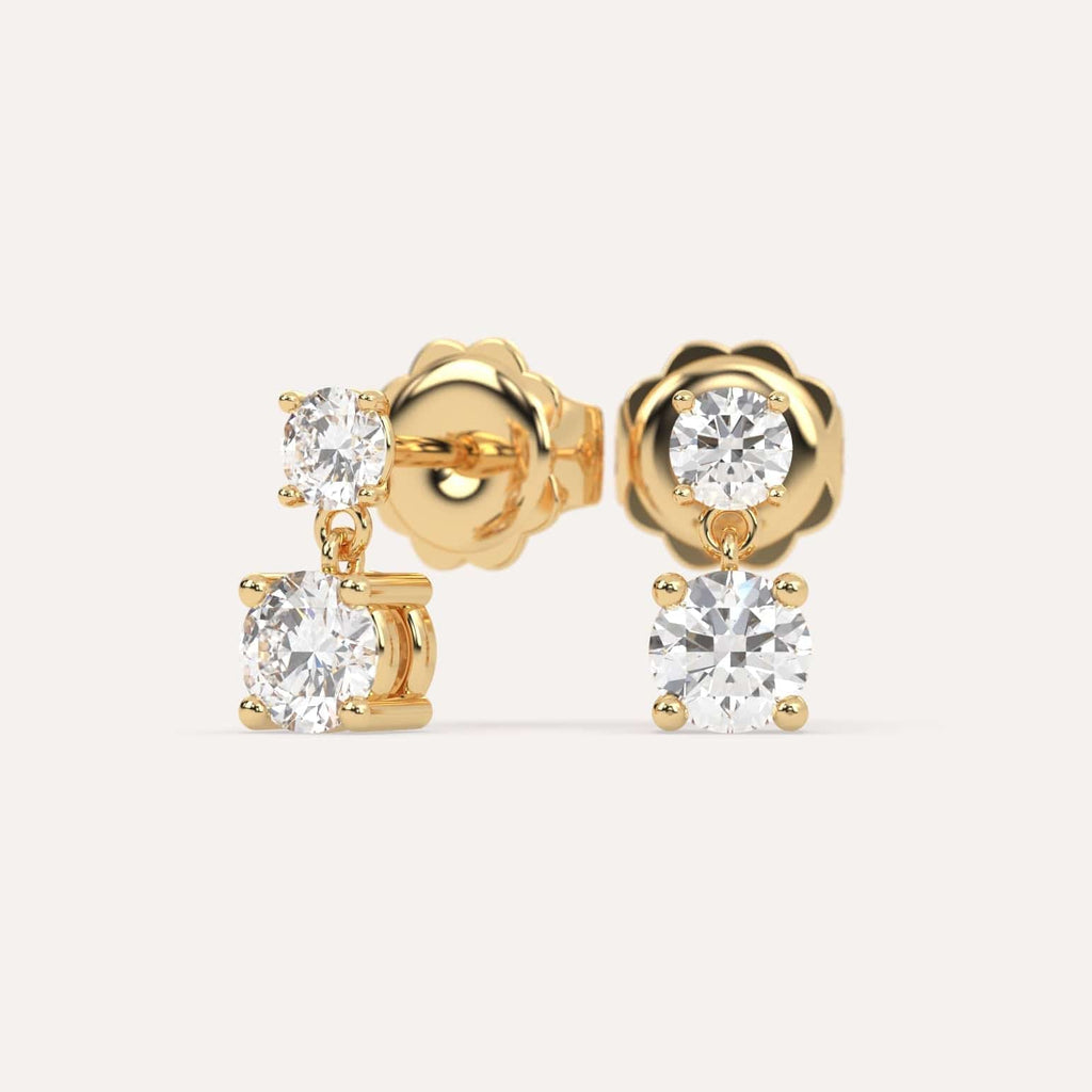 1 carat Round Natural Diamond Drop Earrings in Yellow Gold