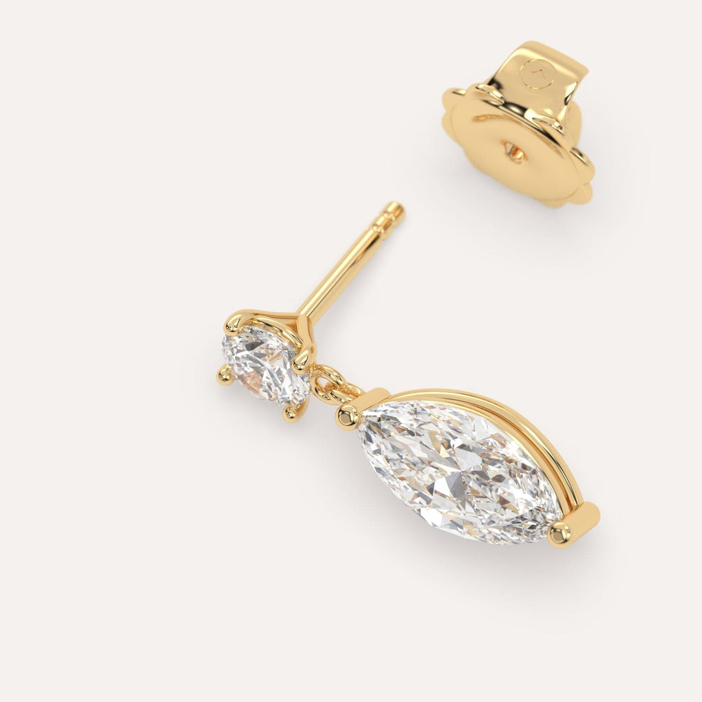 1 carat Single Marquise Diamond Dangle Drop Earring in Yellow Gold