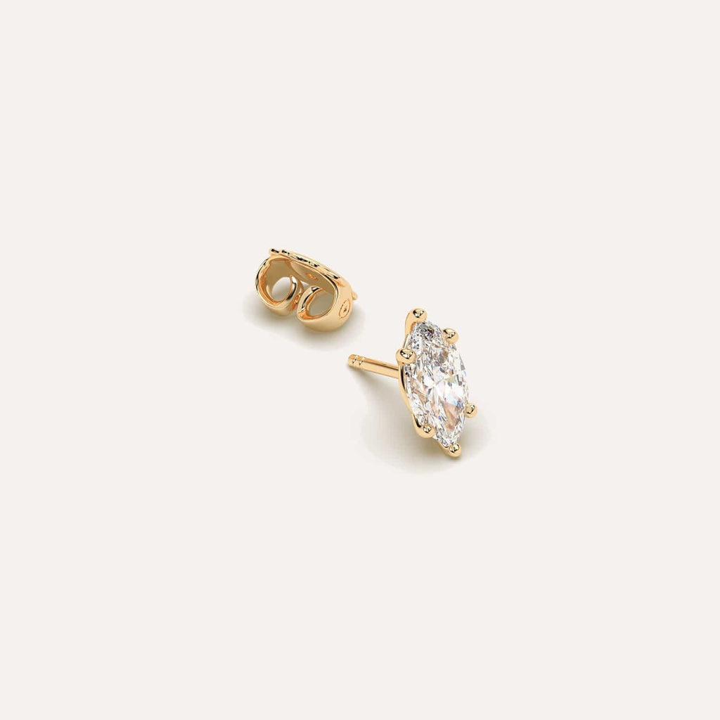 1 carat Single Marquise Diamond Stud Earring, Natural Diamonds Yellow Gold
