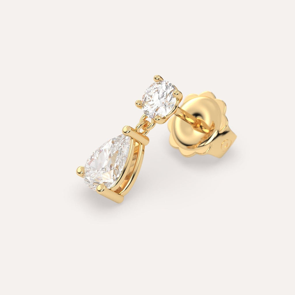 1 carat Pear Natural Diamond Drop Earrings in Yellow Gold