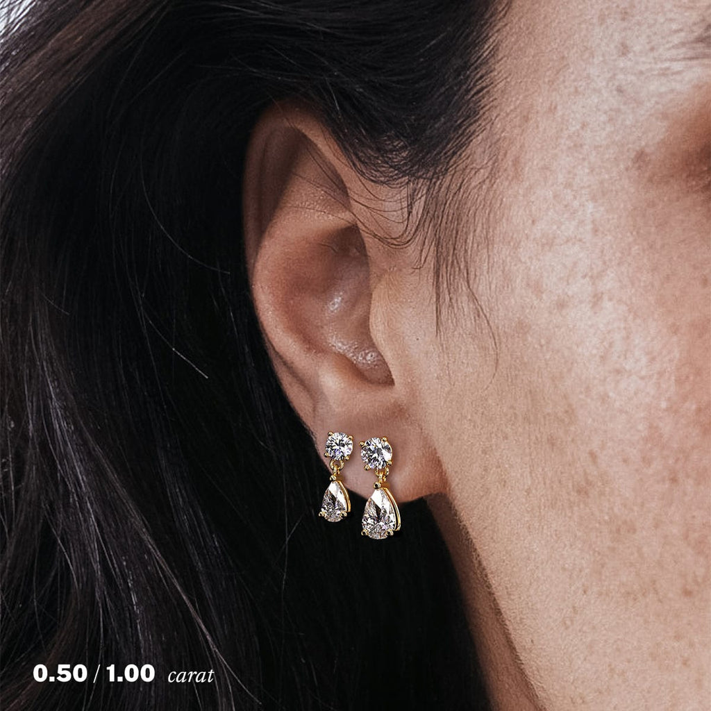 14K Yellow Gold Pear Diamond Drop Earrings On Ear Model
