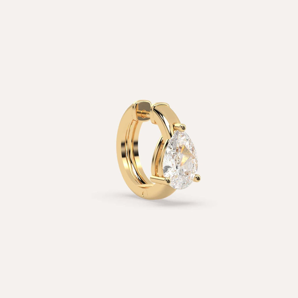 1 carat Single Pear Diamond Hoop Earring, Natural Yellow Gold