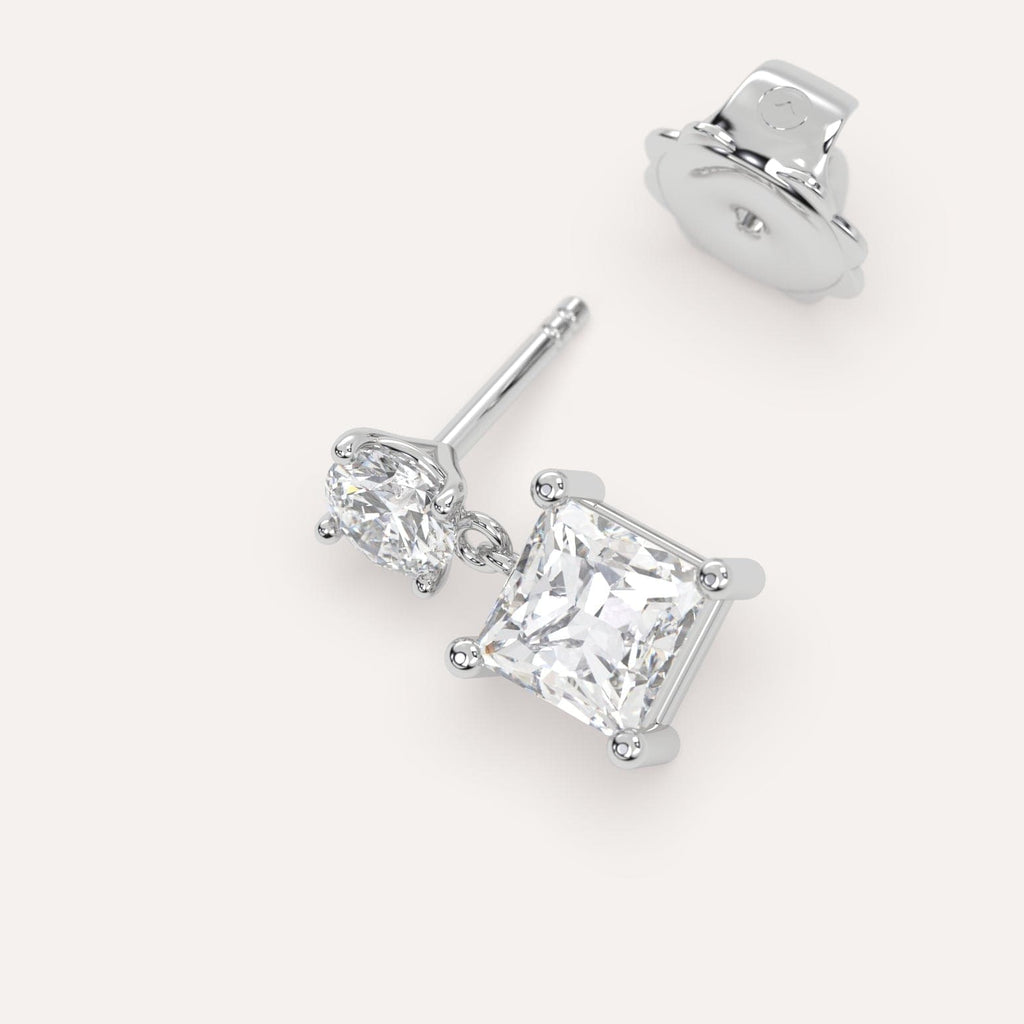 1 carat Single Princess Diamond Dangle Drop Earring in White Gold
