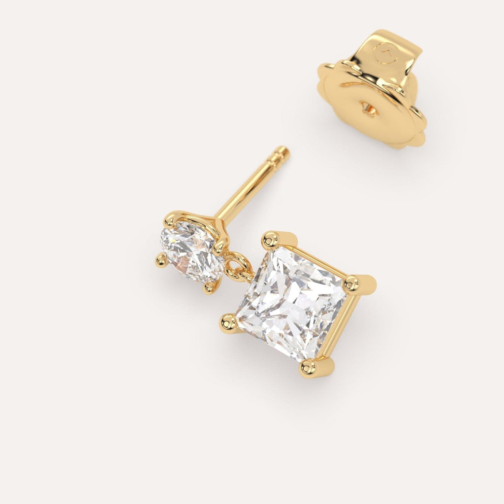 1 carat Single Princess Diamond Dangle Drop Earring in Yellow Gold