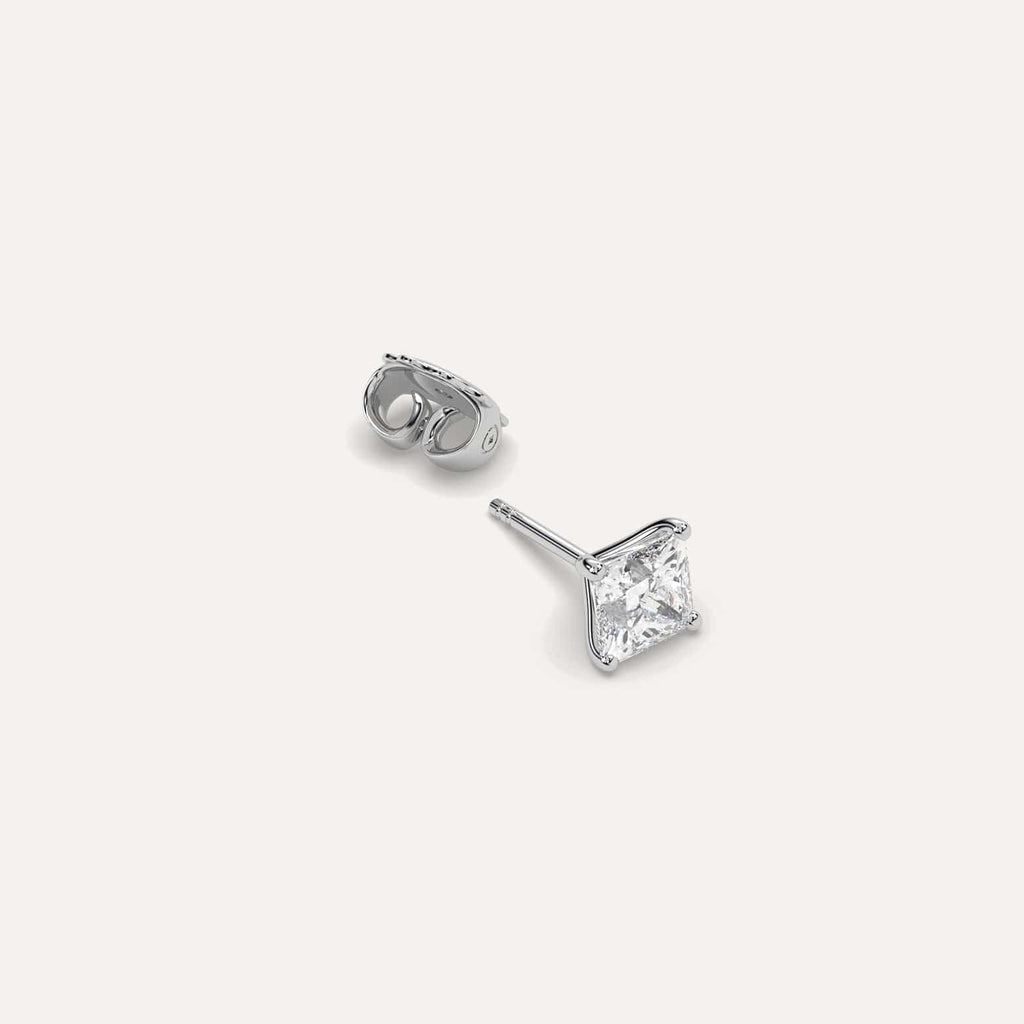 1 carat Single Princess Diamond Stud Earring, Natural Diamonds White Gold