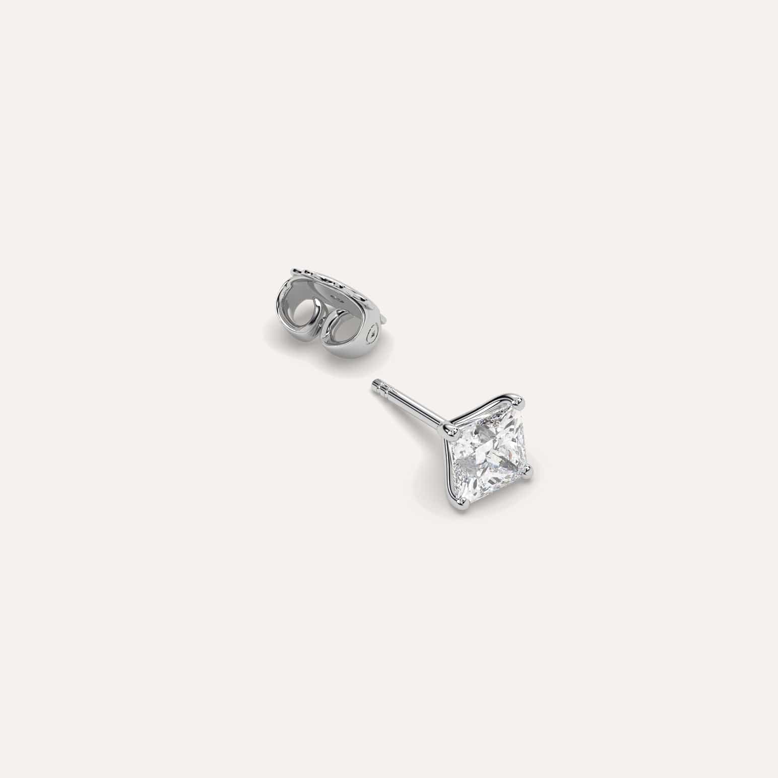 1 Ct Princess Created Diamond Earrings – 18k White Gold, Screw Back, D Color VVS1, USA Made