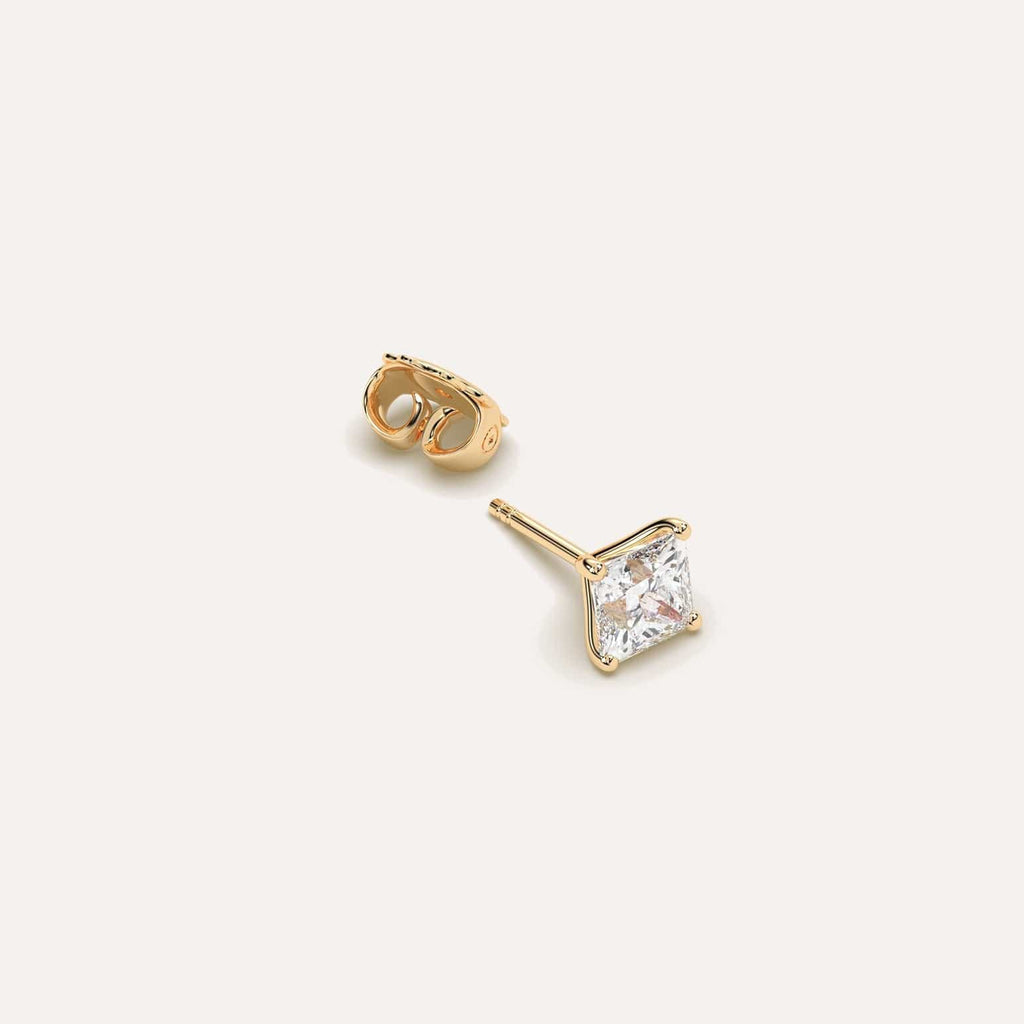 1 carat Single Princess Diamond Stud Earring, Natural Diamonds Yellow Gold