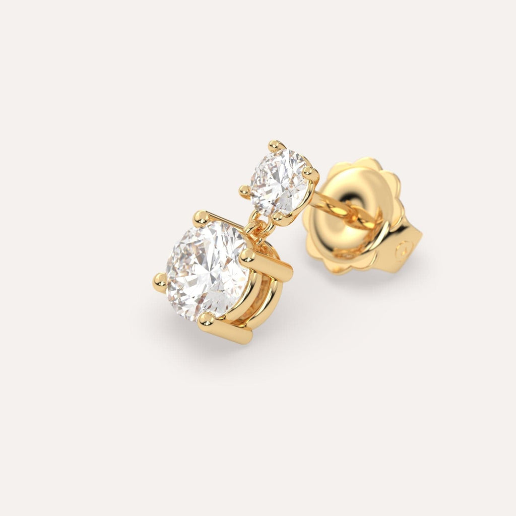 1 carat Round Natural Diamond Drop Earrings in Yellow Gold