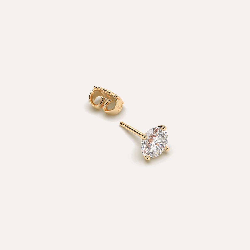 1 carat Single Round Diamond Stud Earring, Natural Diamonds Yellow Gold